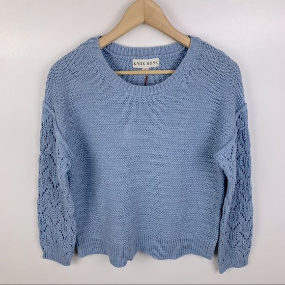 Knox Rose Blue Knit Sweater Pointelle Sleeve Small